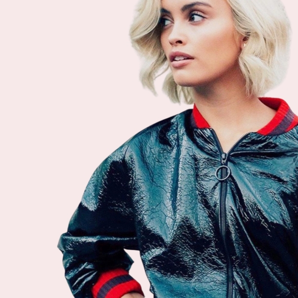 Zara W & B Collection Shiny Patent Cropped Bomber Jacket in Black M - Picture 1 of 11